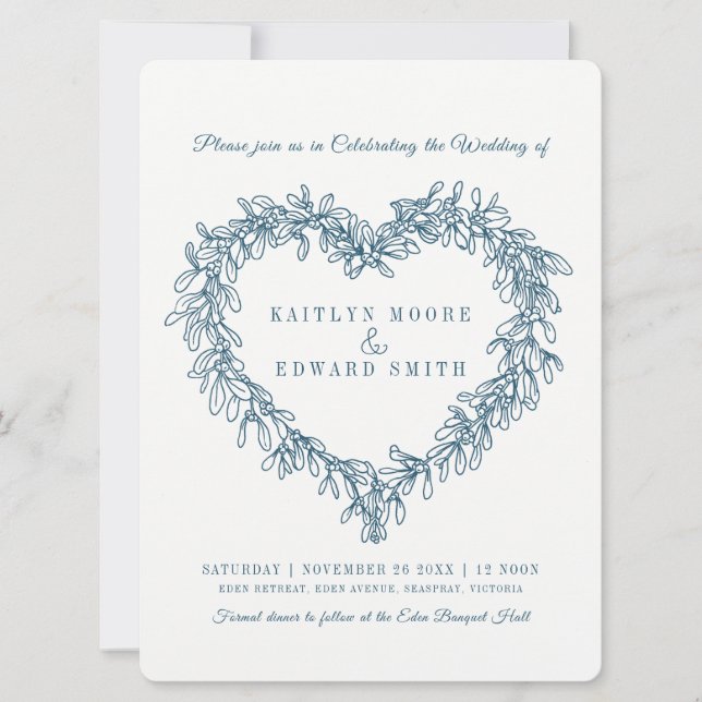 Mistletoe heart line Art Hochzeit blau Einladung (Vorderseite)