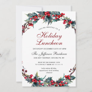 Mistletoe Holly Berry Wreath Luncheon Einladung