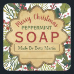 Mistletoe Holly Christmas Foliage Soap Labels Quadratischer Aufkleber<br><div class="desc">Freunde und Familie sind für Ihre Pfefferminzseife gewartet,  um den Beginn der Ferienzeit zu markieren! Fügen Sie die letzte "Frohe Weihnachten"-Touch und Ihren Namen zu Ihren handgemachten Seifen Kreationen. Dieses Aufkleber ist voll von Weihnachtsblättern wie Heilig und Mistleton.</div>