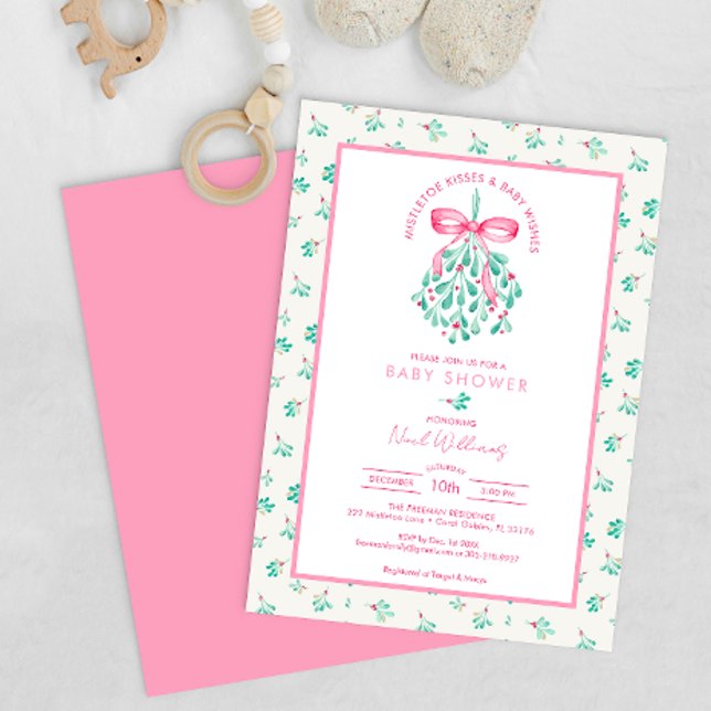 Mistletoe Kisses Pink Baby Shower for Girl Einladung (Pink Winter Baby Shower, Under The Mistletoe Celebration)