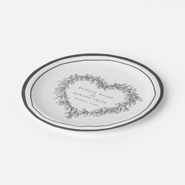 Mistletoe line Art Graue weiße Winterhochzeit Pappteller (Schrägansicht)