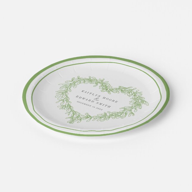 Mistletoe line Art Green White Winter Hochzeit Pappteller (Schrägansicht)