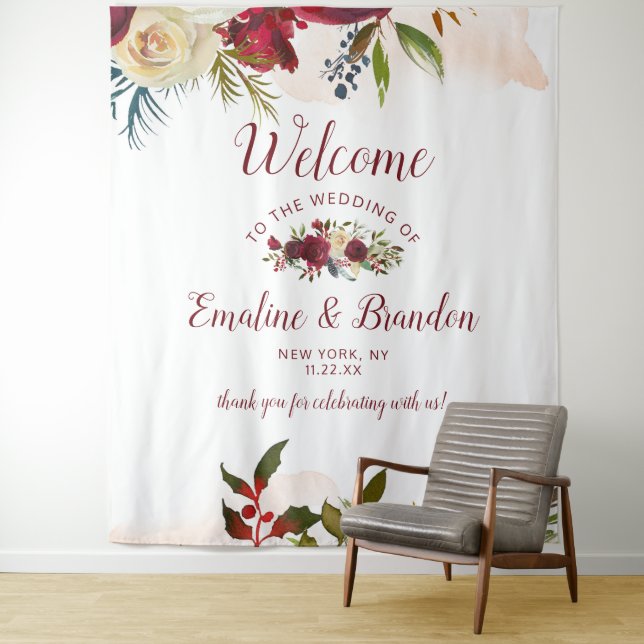 Mistletoe Manor Watercolor Winter Wedding Willkomm Wandteppich (Beispiel)