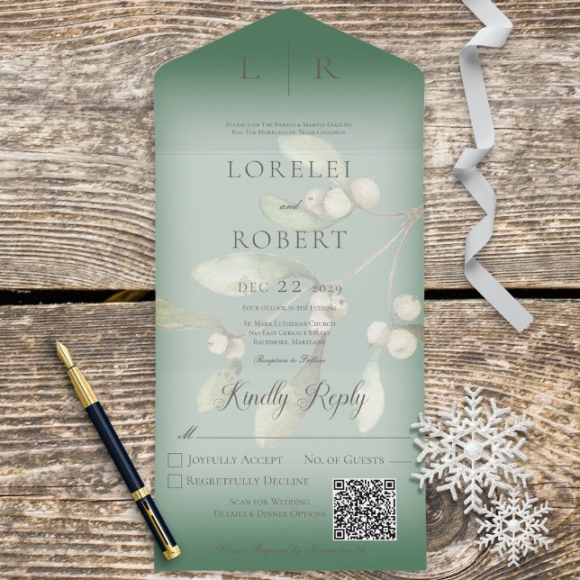 Mistletoe Modern Pine Green QR Code All In One Einladung (Von Creator hochgeladen)