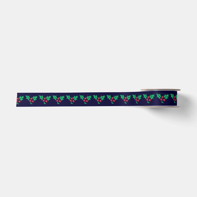 Mistletoe Pattern auf Navy Blue Christmas Satinband (Vorderseite)