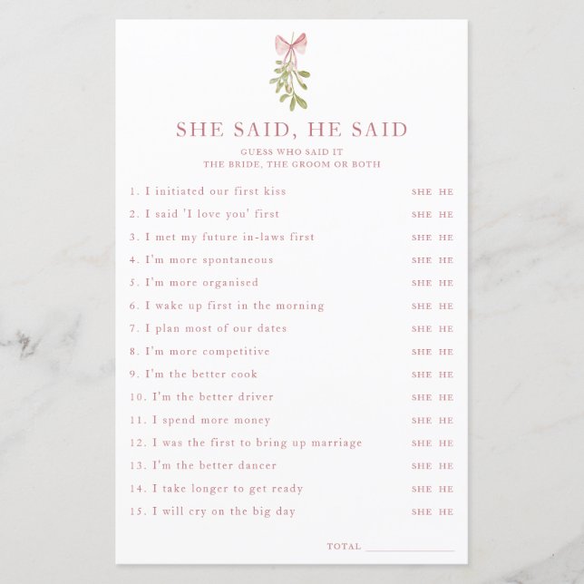 Mistletoe Pink Bow Brautparty Sie sagte, er sagte (Vorderseite)