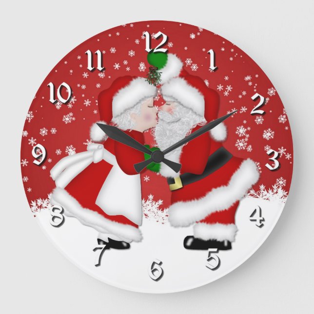 Mistletoe Santa Christmas Wall Clock Große Wanduhr (Vorderseite)