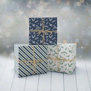 Mistletoe Twigs & Stripes Weihnachtsmuster Geschenkpapier Set
