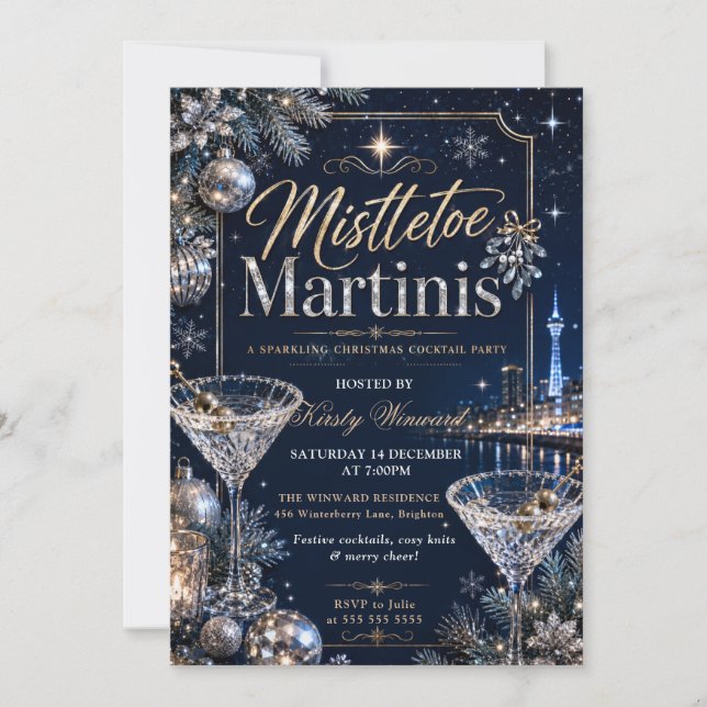 Mistletoe und Martinis Weihnachtsfeier Einladung (Vorderseite)
