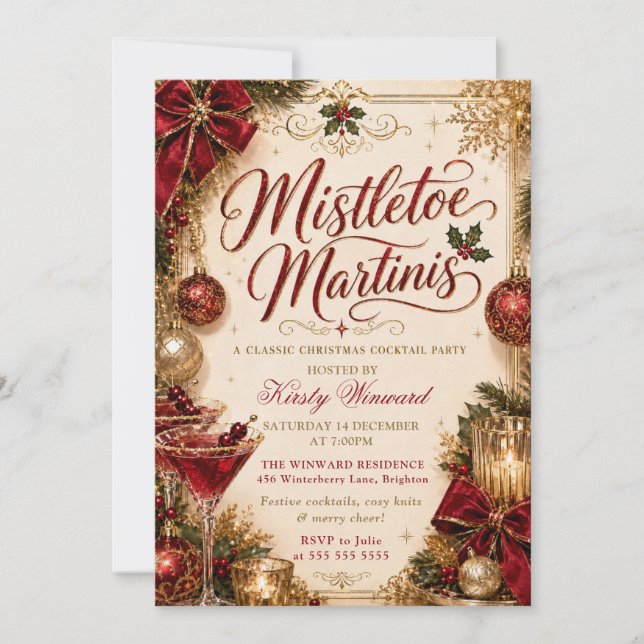 Mistletoe und Martinis Weihnachtsfeier Einladung (Vorderseite)