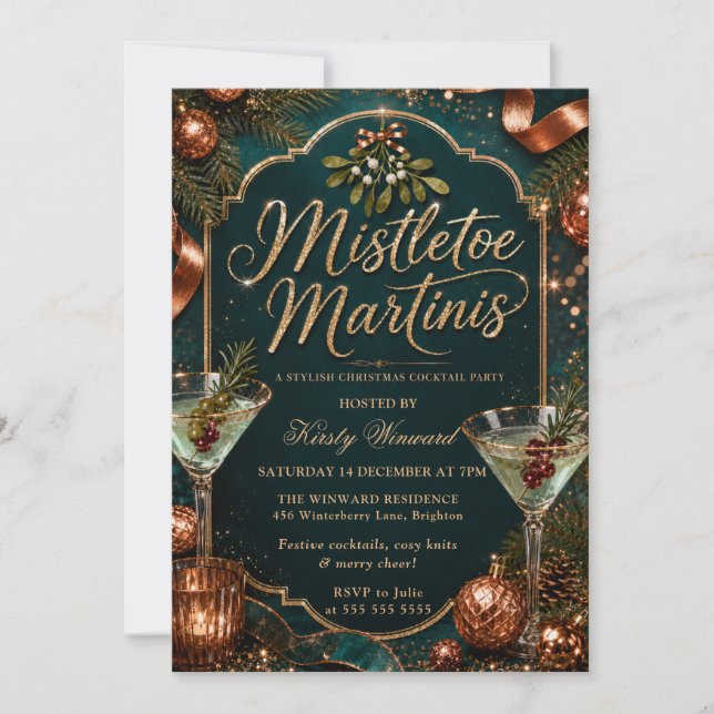Mistletoe und Martinis Weihnachtsfeier Einladung (Vorderseite)