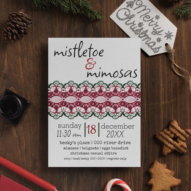 Mistletoe und Mimosas Holiday Party Einladung (Mistletoe and mimosas customizable holiday party invitation with lace design. )
