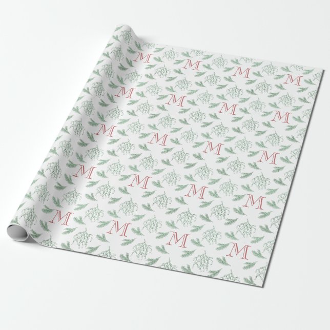 Mistletoe und Pine mit Monogram Christmas Red Geschenkpapier (Ungerollt)