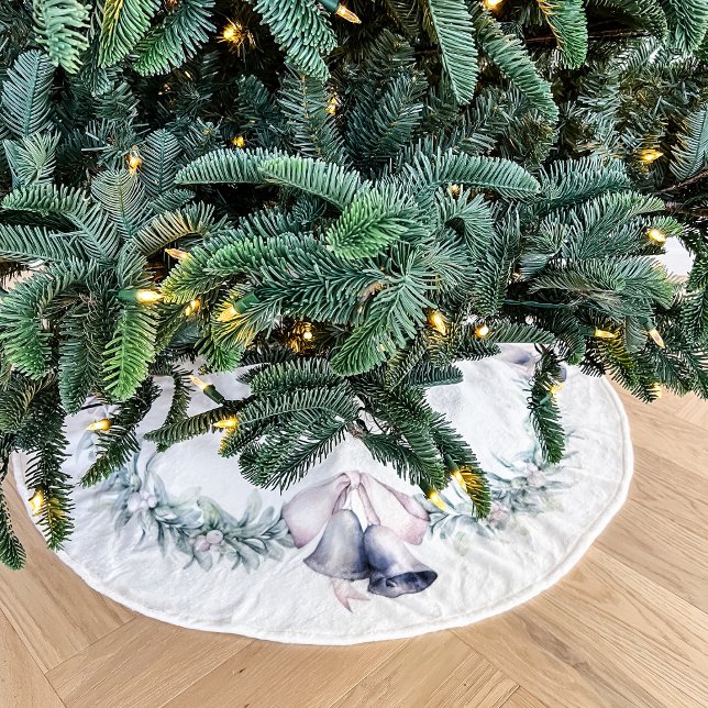 Mistletoe und Silberbälle weiß Polyester Weihnachtsbaumdecke (Mistletoe and silver bells christmas tree skirt)