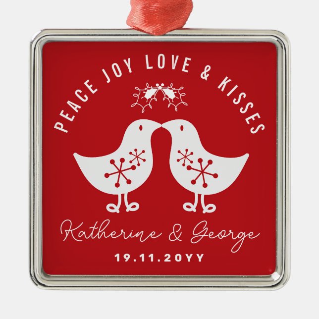 Mistletoes Kissing Chicks Mr & Mrs. 1. Weihnachten Ornament Aus Metall (Vorne)