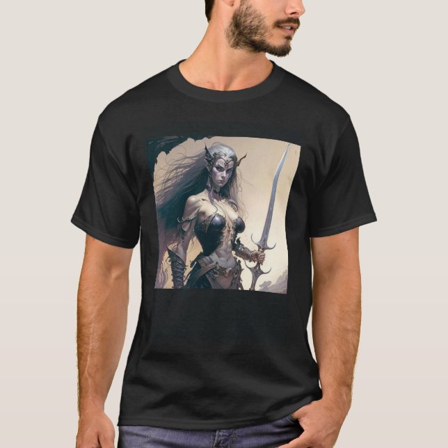 Mistress of the Shadows Female Dark Elf Warrior T-Shirt (Vorderseite)