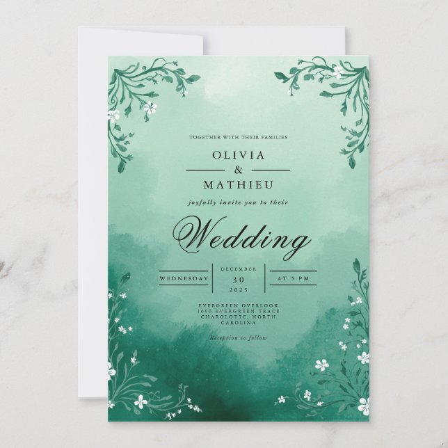 Misty Aquamarin Foliage Arch Wedding Einladung (Vorderseite)