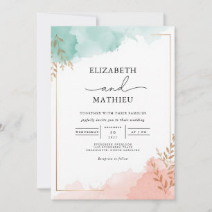 Misty Aquamarin Peach Watercolor Wedding Einladung