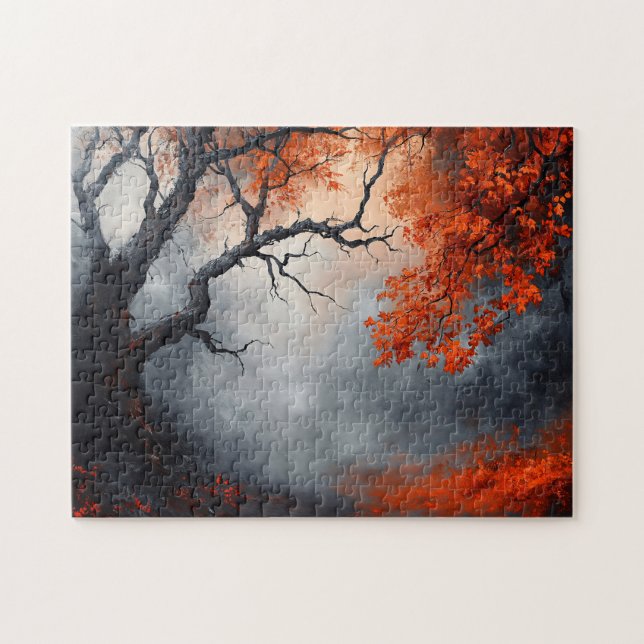 Misty Autumn Forest with Crimson Blätter Puzzle (Horizontal)