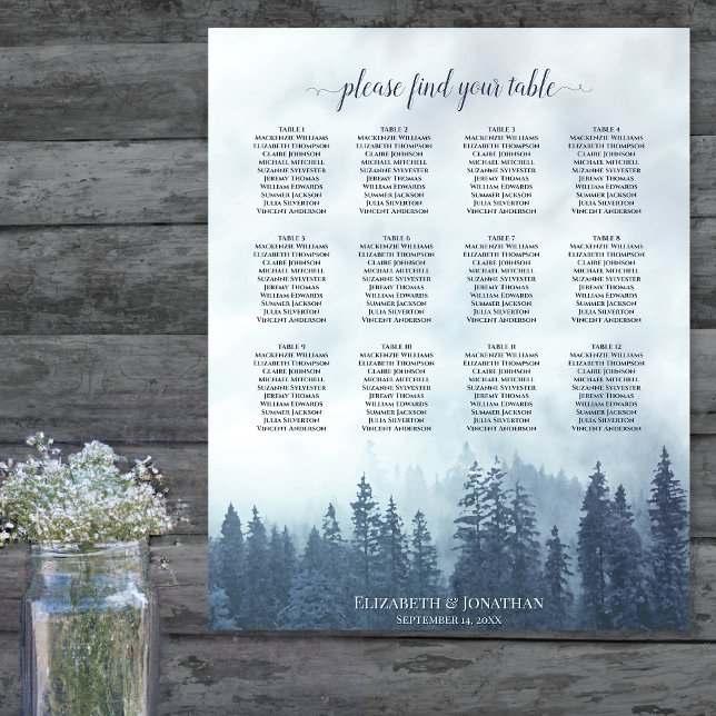 Misty Blue Forest 12 Table Wedding Seating Chart Poster (In Situ on Wall)