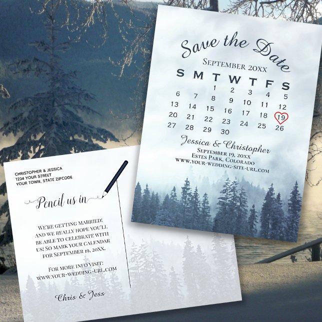 Misty Blue Forest Wedding Save the Date Calendar Ankündigungspostkarte (Front/Back)