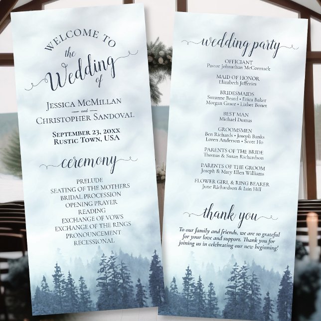 Misty Blue Mountain Pine Forest Rustikale Hochzeit Programm (Front/Back)