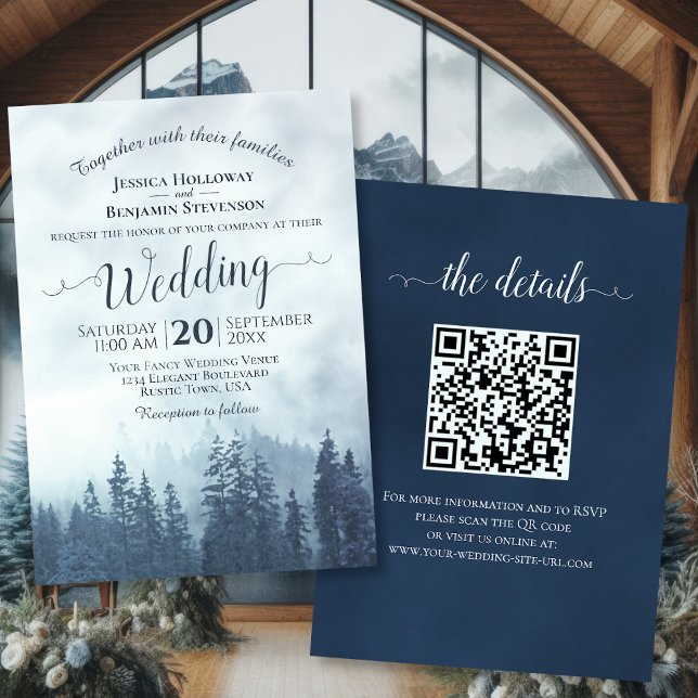 Misty Blue Mountain Pines Rustikaler QR Code Hochz Einladung (Front/Back)
