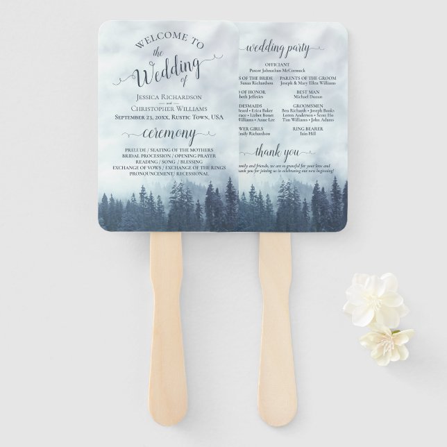 Misty Blue Pine Trees Rustic Wedding Program Fächer (Vorne und Hinten)