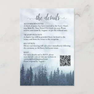 Misty Blue Pine Trees Wedding Details QR Code Begleitkarte
