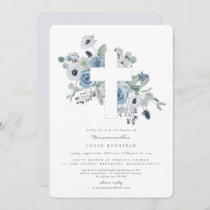 Misty Blues Cross Baptisse Christening Einladung