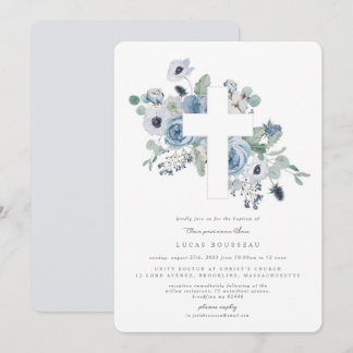 Misty Blues Cross Baptisse Christening Einladung