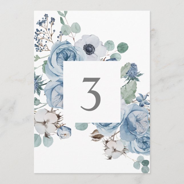 Misty Blues Floral Rose Anemones Table Cards Menükarte (Vorderseite)