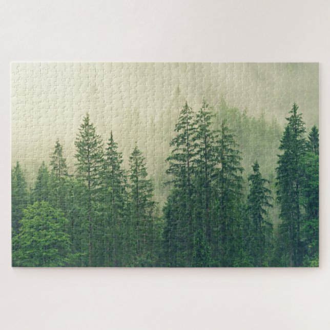 Misty Foggy Green Pine Trees Nature Foto Puzzle (Horizontal)