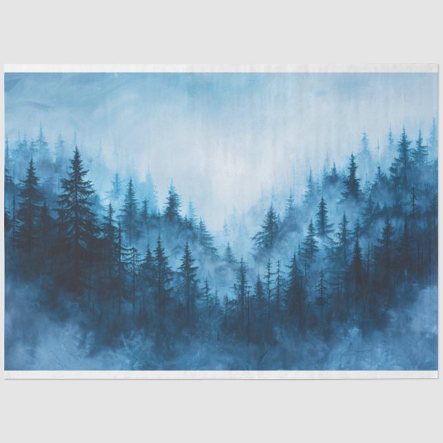 Misty Forest Blue Green Pine Trees Decoupage Seidenpapier (Vorderseite)
