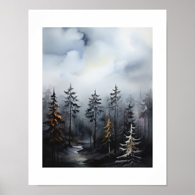 Misty Forest Trees View Painting Poster (Vorne)