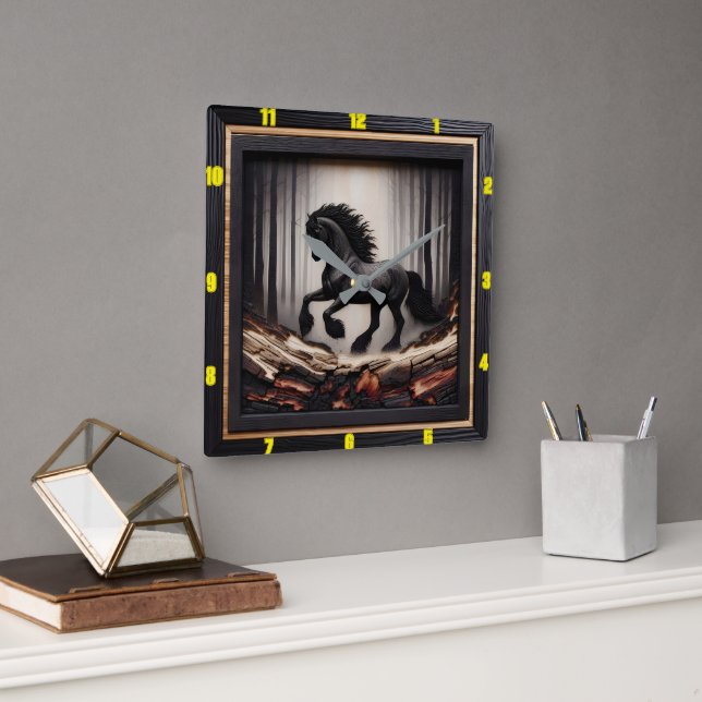 Misty Gallop: Individualisierbarer, karierter Wood Quadratische Wanduhr (Büro)