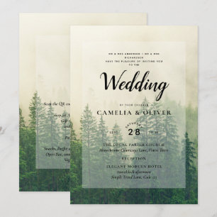Misty Green Forest Mountain Pine Trees Wedding Einladung