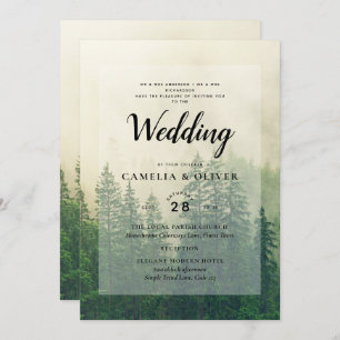 Misty Green Forest Mountain Pine Trees Wedding Einladung
