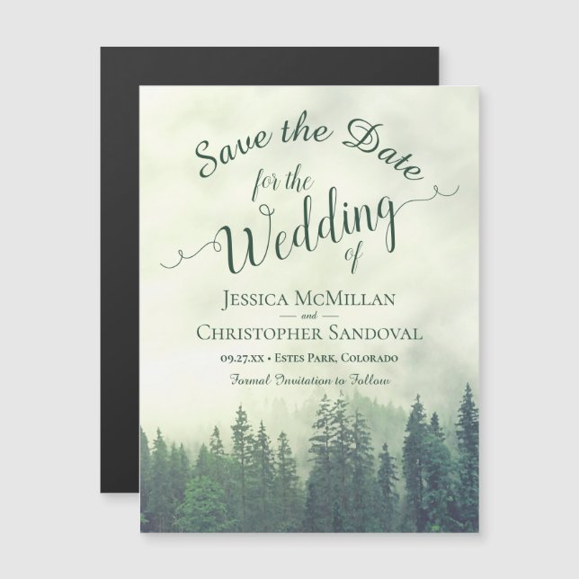 Misty Green Mountain Pines Wedding retten das Datu Magneteinladung (Vorne/Hinten)
