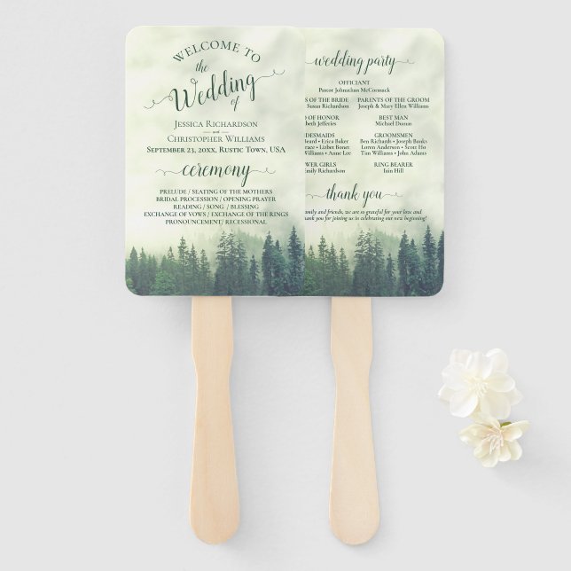 Misty Green Pine Trees Rustic Wedding Program Fächer (Vorne und Hinten)