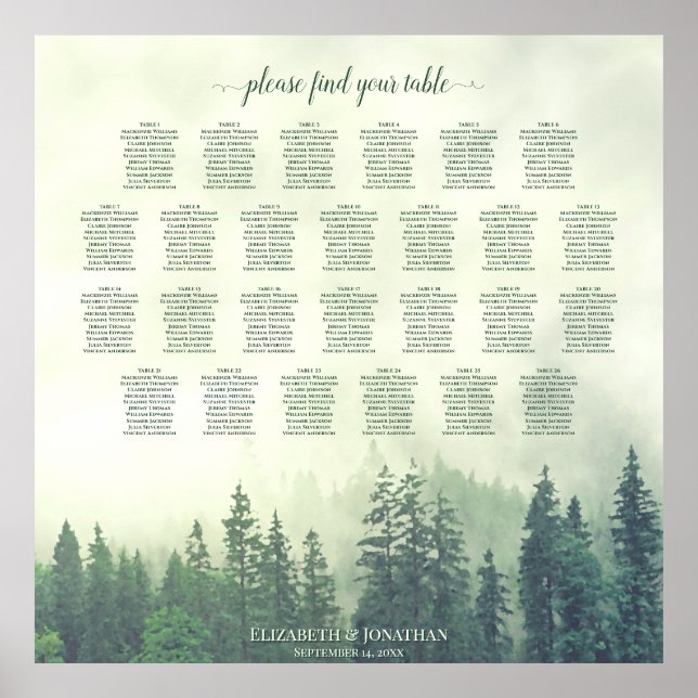 Misty Green Pines 26 Table Wedding Seating Chart Poster (Vorne)