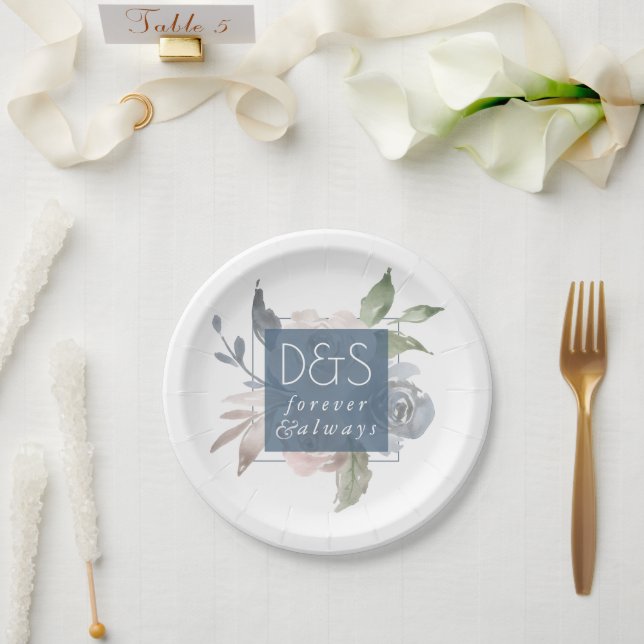 Misty Lake | Dusty Floral Always Forever Monogram Pappteller (Hochzeit)