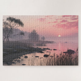 Misty Lake Sunset Puzzle Romantische Rosa Kunst, D