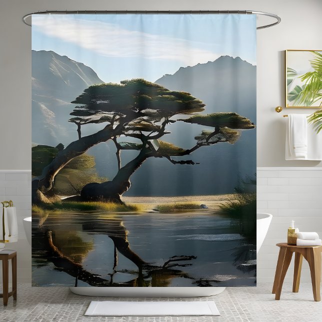 Misty Landscape Scene Pine Tree Outdoor-Thema Duschvorhang (Von Creator hochgeladen)