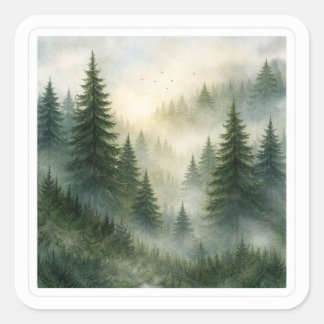 Misty morning in pine forest aesthetic quadratischer aufkleber