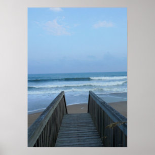 Misty Morning Seashore Pier Beach Sand Waves Foto Poster
