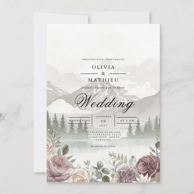 Misty Mountain Background Romance Wedding Einladung (Vorderseite)