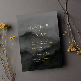 Misty Mountain Black Watercolor und Wedding Gold Folieneinladung