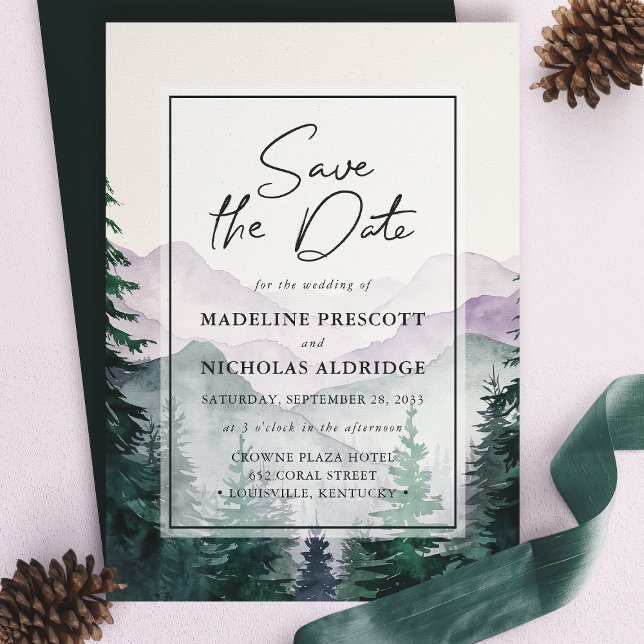 Misty Mountain Forest Script Save the Date Card Einladung (Von Creator hochgeladen)