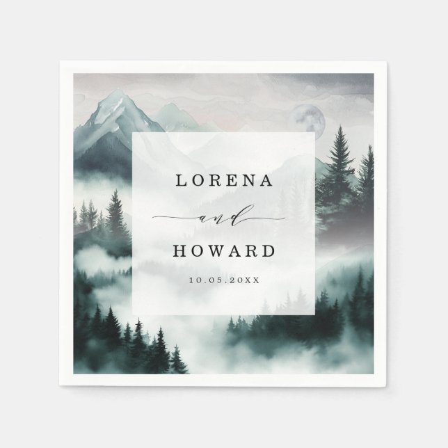 Misty Mountain Moon Pine Forest Wedding Napkins Serviette (Vorderseite)
